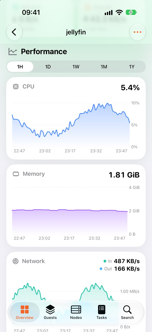 CPU, memory and network charts for a guest